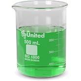 United Scientific&trade; Borosilicate Glass Beaker, 500ml, Autoclavable, 1 Each | Low Form Griffin Design, Molded Pour Spout, Resistant, Double Scale Graduated, Measuring Beaker for Chemistry Glassware