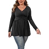UNOGIFT Womens Plus Size Tops Tunic Long Sleeve Wrap V Neck Shirts Empire Waist Tunic Top 1X-4X