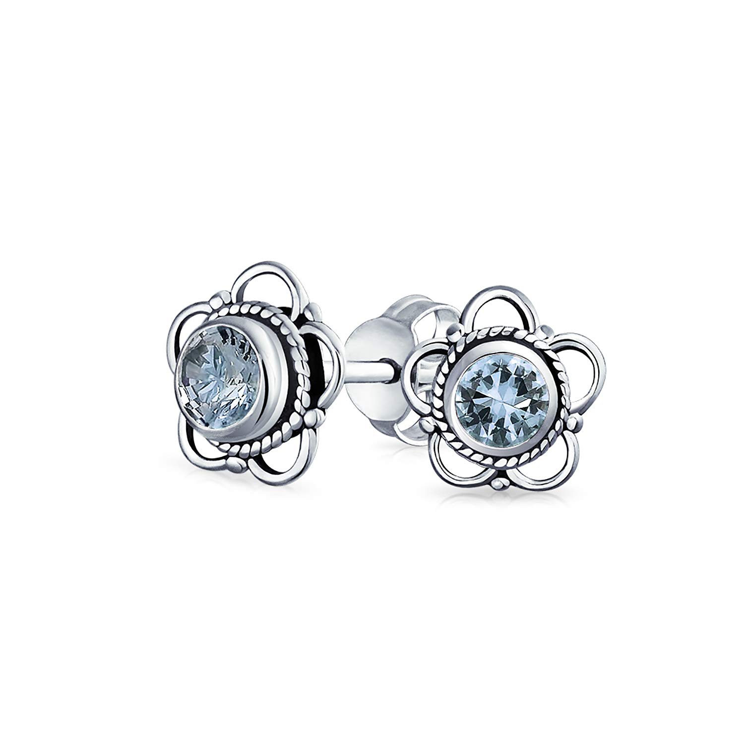 Small Round Bali Style Open Flower Blue Topaz Gemstone Stud Earrings Oxidized Sterling Silver December Birthstone 8MM
