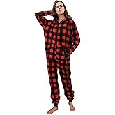 Focupaja Unisex Check Onesie Christmas Zip Up Matching Onesie Hooded Pajamas One Piece Non-Footed Jumpsuit Adult Teenager