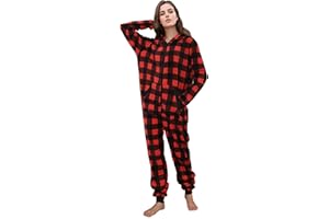Focupaja Unisex Check Onesie Christmas Zip Up Matching Onesie Hooded Pajamas One Piece Non-Footed Jumpsuit Adult