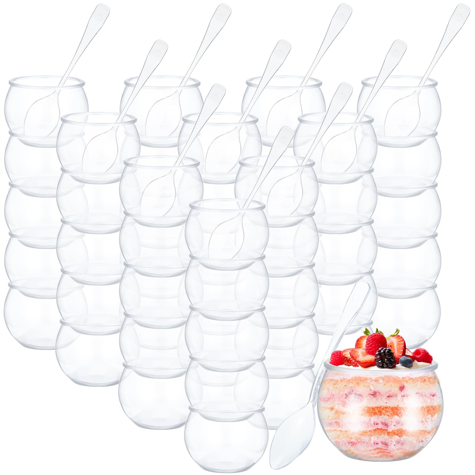 Photo 1 of EBOOT 100 Pcs 2 oz Mini Dessert Cups with Spoons, Sphere Plastic Fish Cup Disposable Round Plastic Bowl Small Clear Parfait Bowl for Wedding Event Birthday Party Mousse Pudding Appetizer Serving