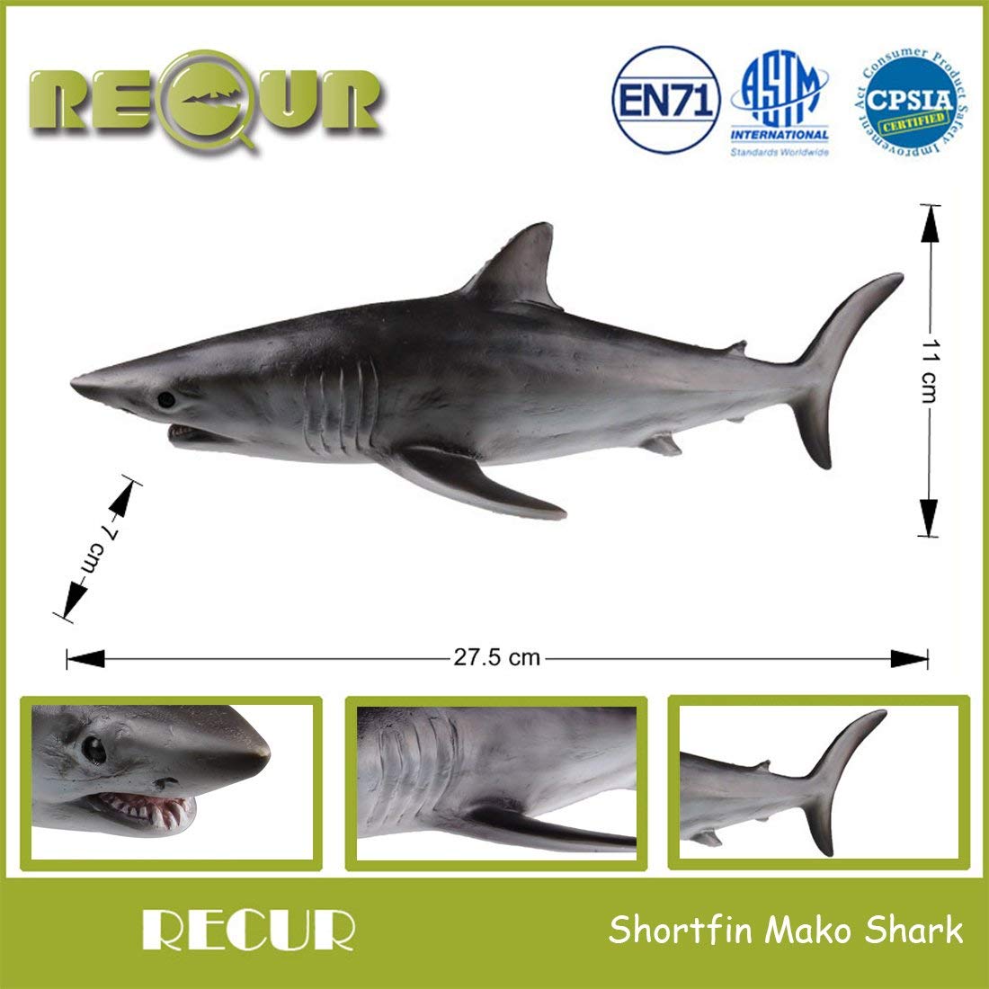 RECUR Shortfin Mako Shark Figure Toys, Authentic Shark Figurine Collection-1:15 Scale Realistic Design Ocean Shark Replica, 10.8inch Hand-Painted Skin Texture, Gift for Collectors Boys Kids, Ages 3+