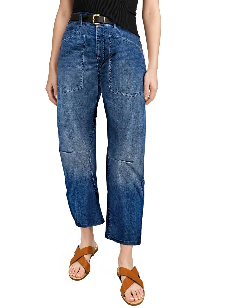 EVALESS Womens Baggy Barrel Jeans High Waisted Wide Leg Boyfriend Denim Ankle Pants Ashleigh Blue 14