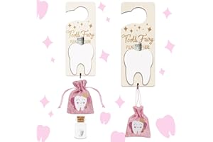 AINBIN Tooth Fairy Tooth Holder, Tooth Fairy Door Hanger with Money Slot, Keepsake Bottle & Burlap Pouch for Lost Teeth, Encourage Gift for Boys Girls, Pink