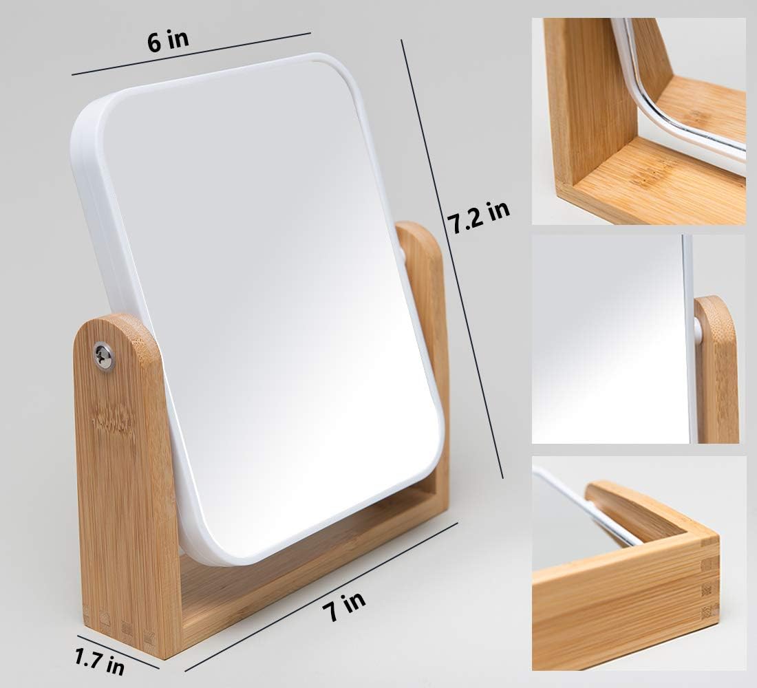 YEAKE Vanity Makeup Mirror with Natural Bamboo Stand, 8 Inch 1X/3X Magnification Double Sided 360 Degree Swivel Magnifying Mirror, Portable Table Desk Countertop Mirror Bathroom Shaving Make Up Mirror -
