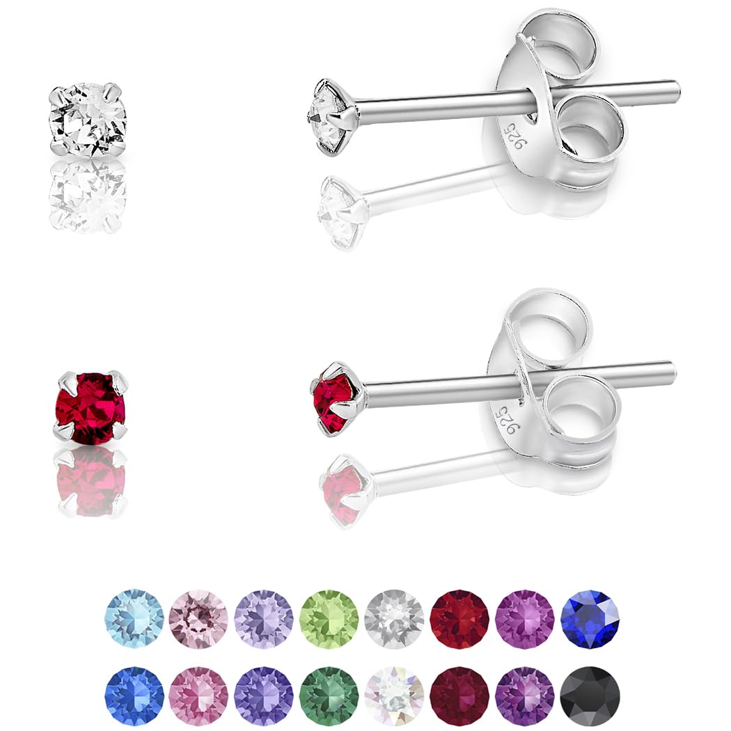 DTPSilver - Set of 2 PAIRS of 925 Sterling Silver Round TINY Stud Earrings made with Glittering Crystals from Swarovski® Elements - Diameter: 2 mm - Colour : Ruby