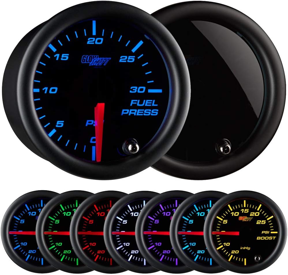 GlowShift Tinted 7 Color 30 PSI Fuel Pressure Gauge Kit - Includes Electronic Sensor - Black Dial - Smoked Lens - for Diesel Trucks - 2-1/16" 52mm