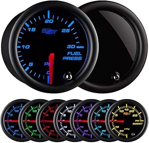 GlowShift Tinted 7 Color 30 PSI Fuel Pressure Gauge Kit - Includes Electronic Sensor - Black Dial - Smoked Lens - for Diesel Trucks - 2-1/16" 52mm