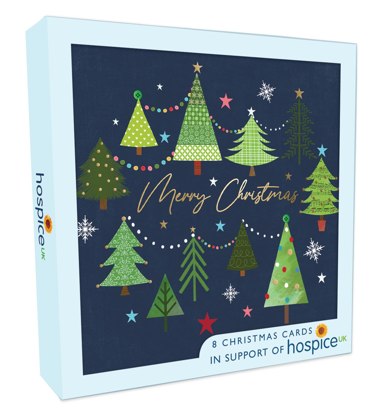 Box of 8 Merry Xmas Trees Hospice UK Charity Christmas Cards XSA005