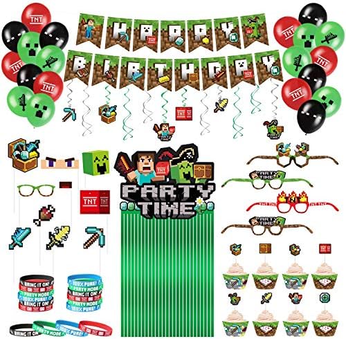 Ballons Pixel Aluminium - Set Anniversaire Thème Jeu Avec Chiffre 1, Étoiles, Cubes Vert (101cm)