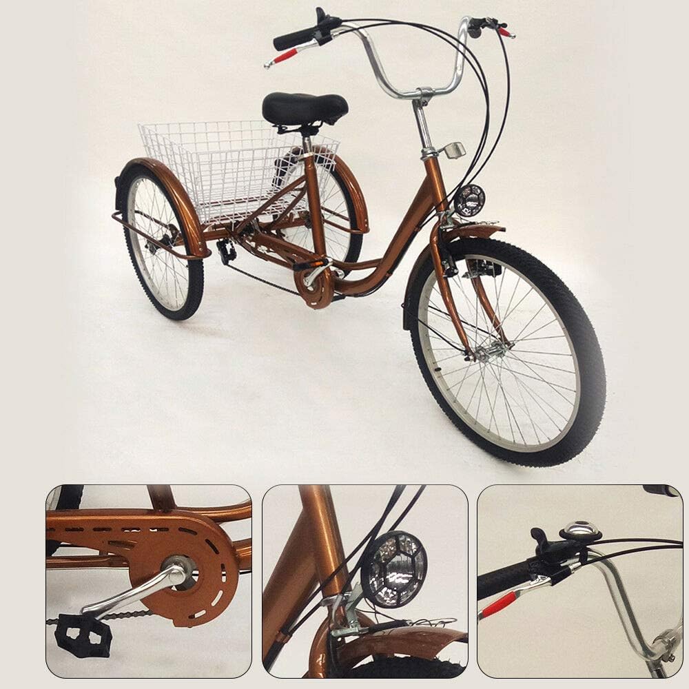 MOMOJA Adult Tricycle, with Low Step-Through Aluminum Frame 6 Speed 24 Inch, Front and Rear Fenders, Adjustable Handlebars, Large Cruiser Seat, and Rear Folding Basket