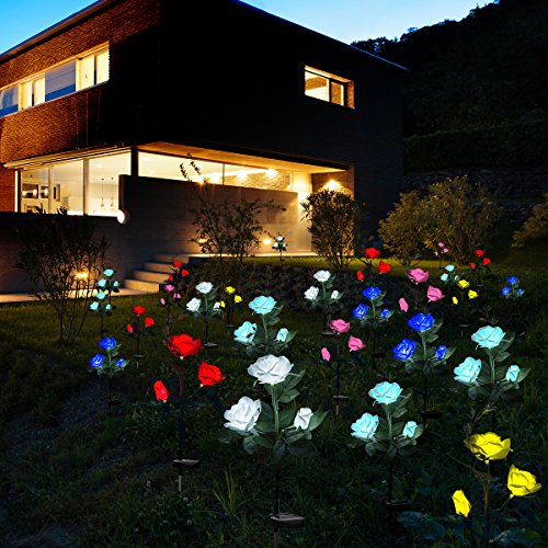 XLUX Outdoor Solar Powered Rose Lights Flower Stake, for Garden Patio Yard Christmas Pathway Decoration, Blue - Thumbnail 5