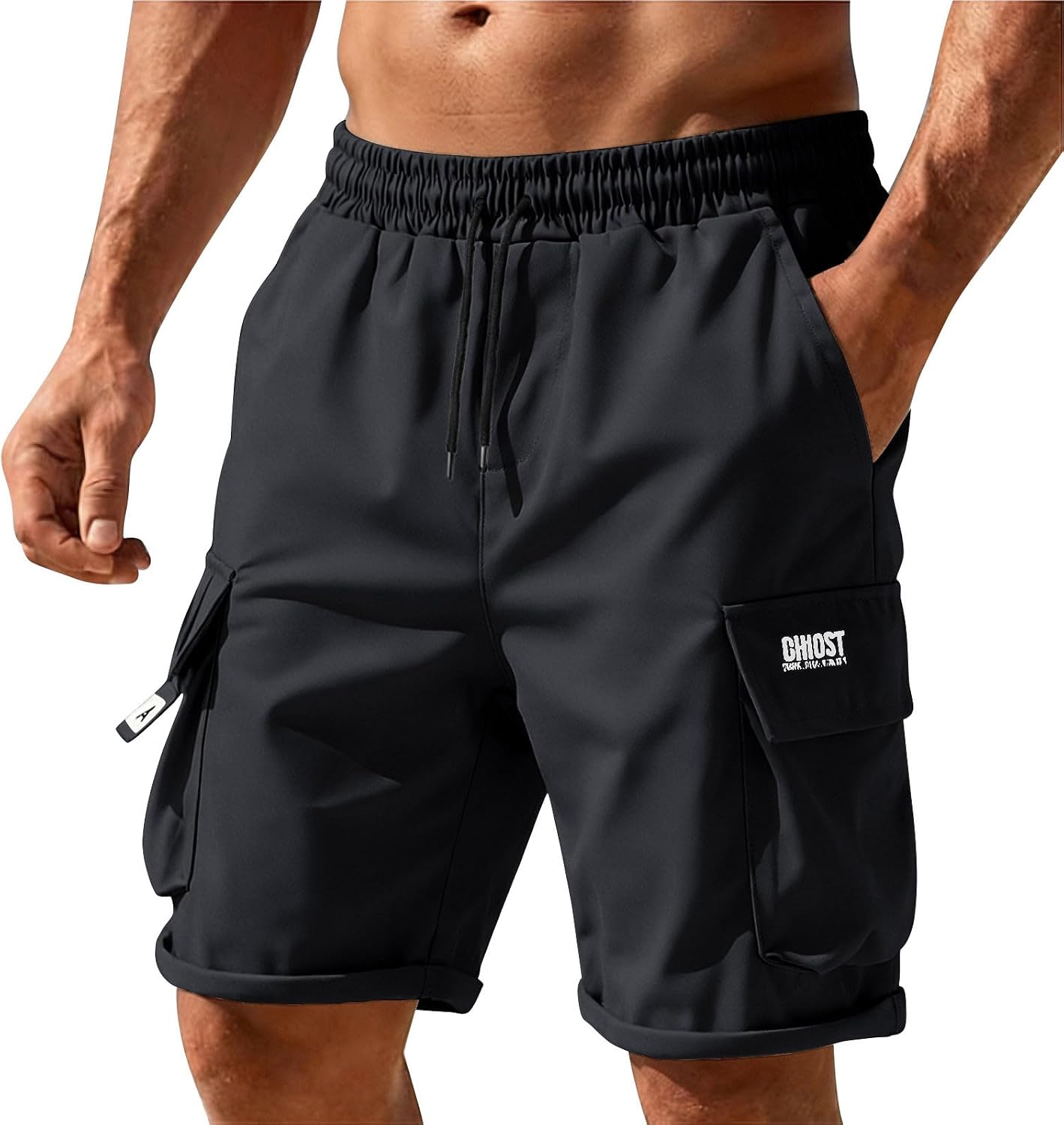 Men's Stretchy Cargo Shorts Hiking Short Pants with Multi Pockets Summer Outdoor Elastic Waist Shorts Loose Drawstring Pant