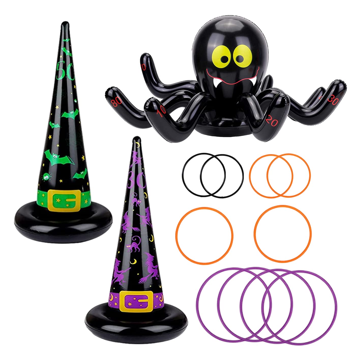 Kids Halloween Target Toy, Inflatable Witch Hats & Spider Ring Toss with 10 Rings for Halloween Party Favors
