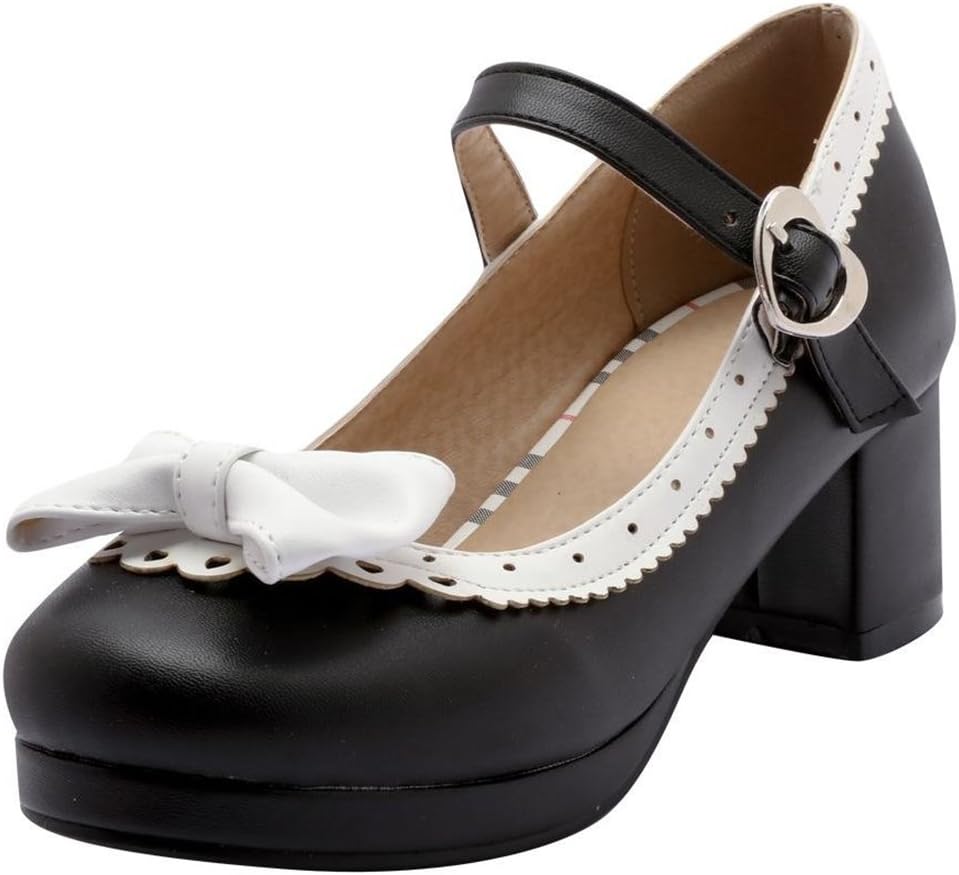 KIKIVA Women Lolita Shoes Rockabilly Mary Jane Platform Block Heel Pumps with Bow