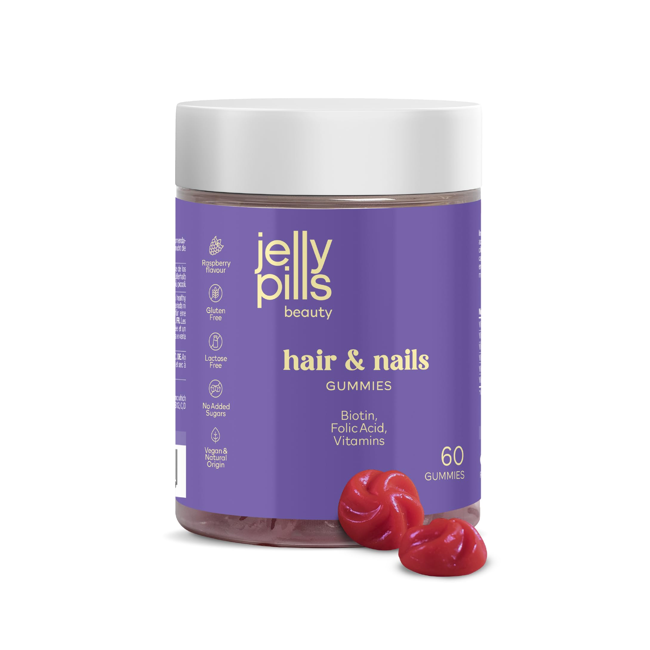 Jelly Pills® Gummies with Biotin 5000 mcg, Folic Acid and 7 Vitamins - No Added Sugars - 60 Raspberry Flavoured Vegan Gummies to Reduce Hair Loss - Hair and Nails