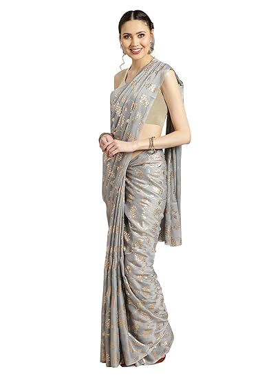 Poly Georgette Grey Foil Printed Womens Saree