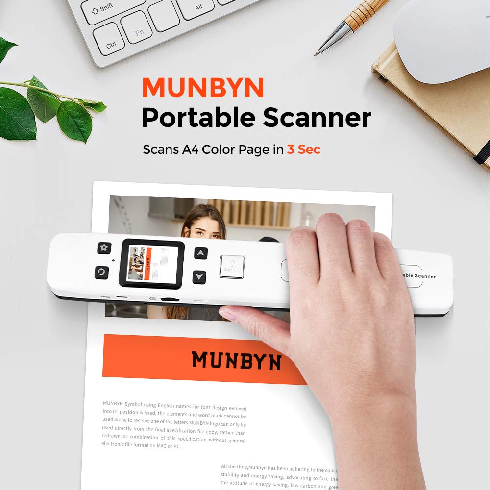 MUNBYN Portable Scanner, Photo Scanner for Documents Pictures Texts in 1050DPI, Flat Scanning, Included 16GB SD Card, Photo Scanner Uploads Images to Computer Via USB or Built-in Wi-Fi, No Driver