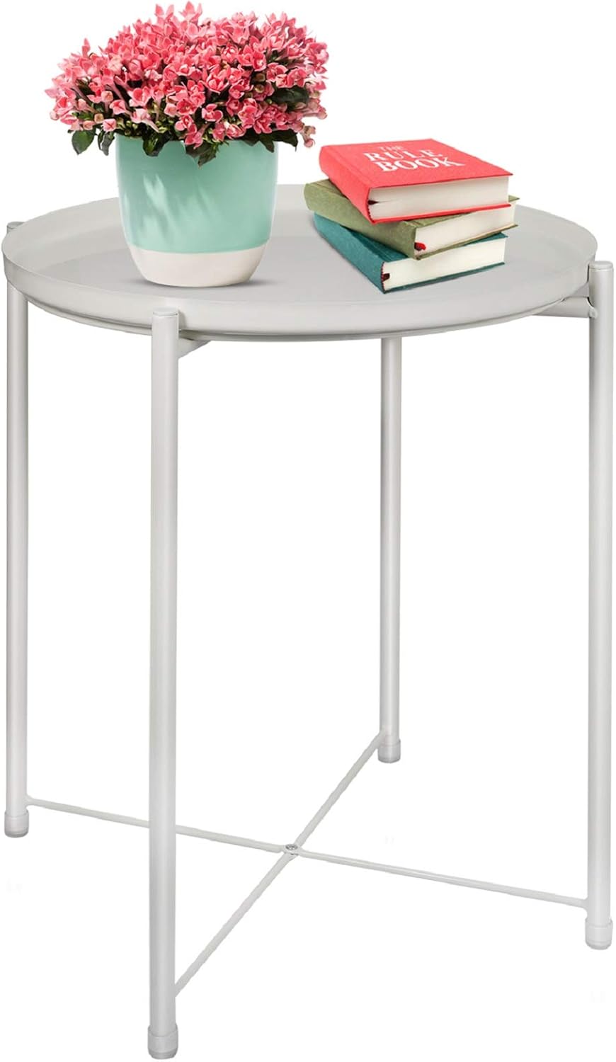 Ulrikenly End Table, Metal Waterproof End Table, Snack and Coffee Table, Potted Table, Round Side Table, Foldable Small Sofa Table with Removable Tray for Living Room Bedroom Balcony and Office