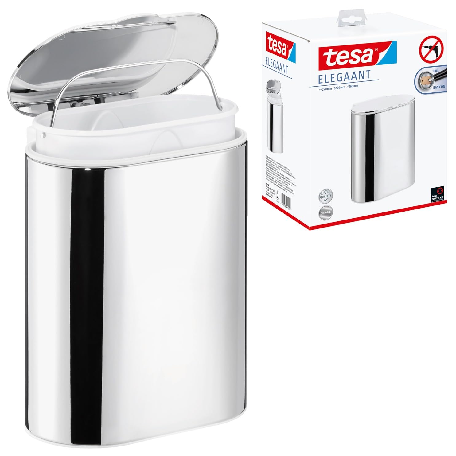 tesa ELEGAANT Cosmetic Bin - Self-Adhesive, Stainless-Steel Makeup Bin with Soft-Close Function Lid and Interior Can - Waterproof, incl. Power.Kit Adhesive Solution - 160mm x 270mm x 220mm