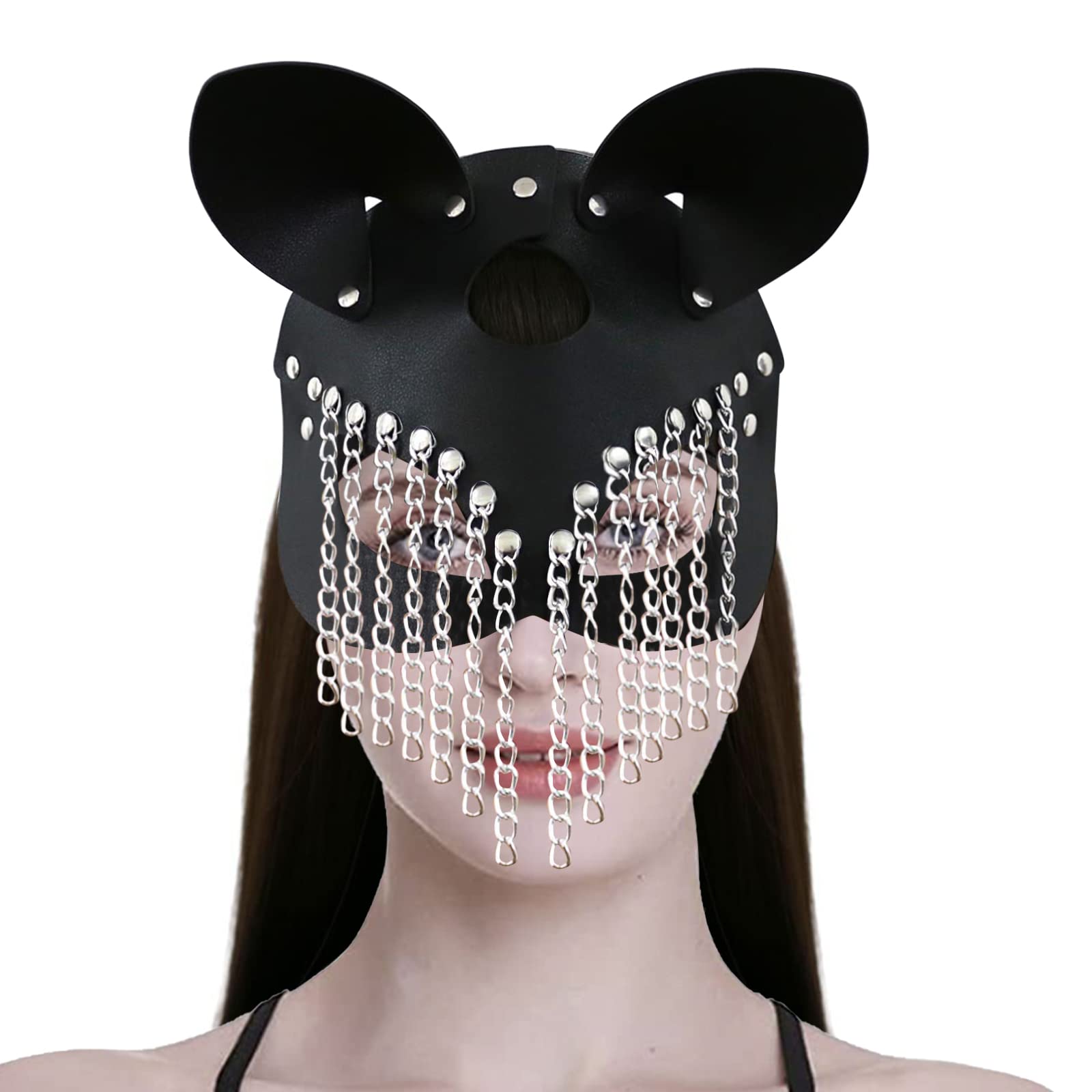 Cat Face Mask Women Black PU Leather Cat Mask Halloween Mask Mysterious Half Face Eyemask with Buckle Chain Tassels for Women Ladies Halloween Carnival Cosplay Party Ball Costume Accessories