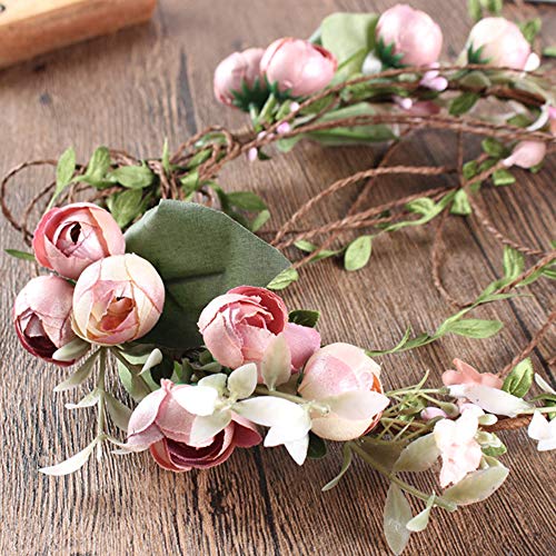 Flower Crown Headband Rose Wreath Garland Hair Bands Floral Wedding Bridal Hair Hoop Women Girls Leaf Vine Party Decoration Headdress Headwear Christmas Handmade Headpiece Hair Accessories Pink - Thumbnail 6