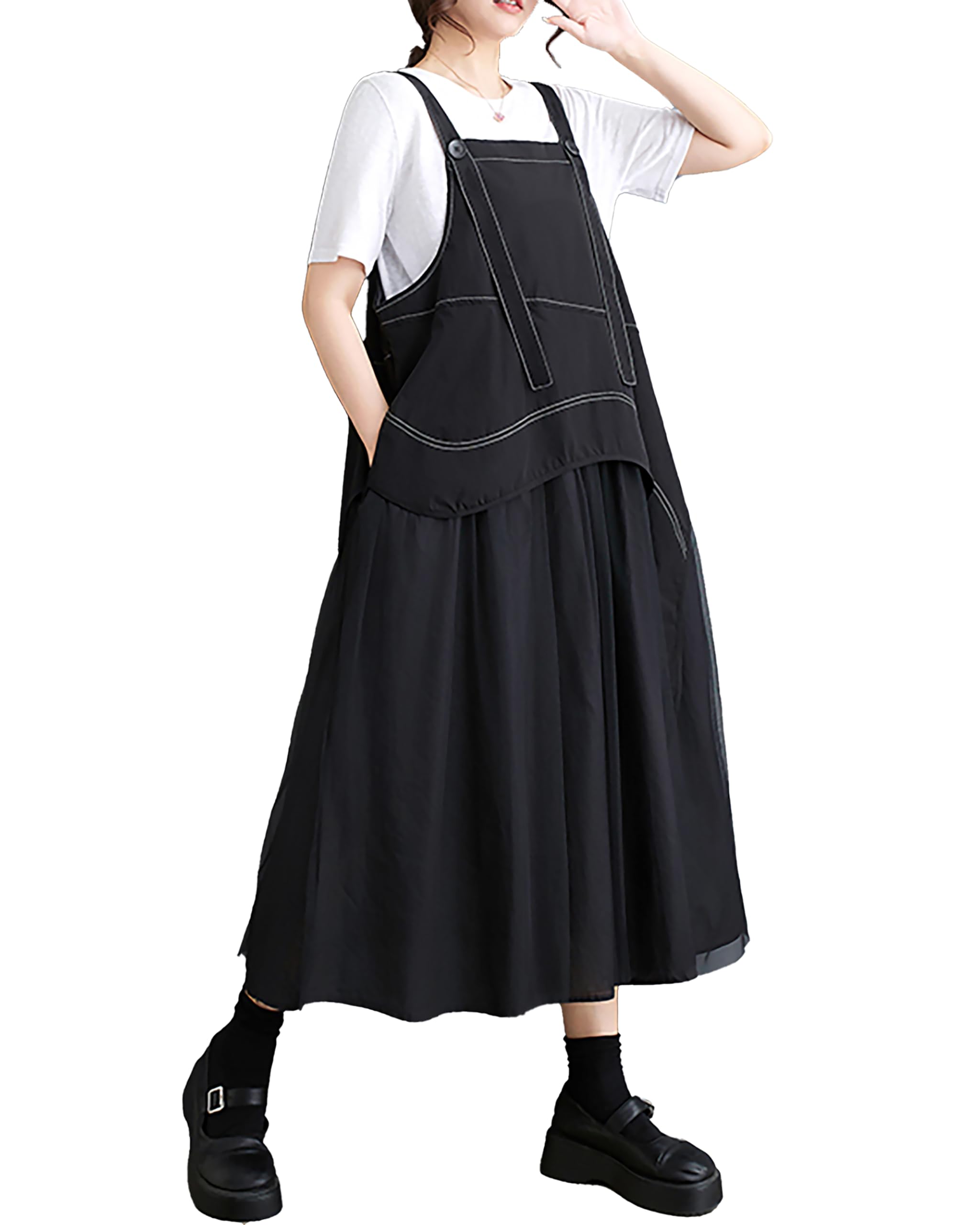 Photo 1 of ellazhu Women's Strap Dress Patchwork Tulle Black Loose Oversize Button Pockets Flowy Hem Summer GZ234