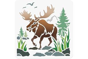 Moose in The Woods Wall Stencil 30 x 30cm Reusable Outdoor Stencil for Painting on Wood, Floor, Wall and Fabric,Pine Tree Ste