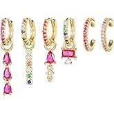 6pcs Gold Hoop Earring Stacks For Women Dainty Colorful Cubic Zirconia Huggie Earrings 18k Gold Hoop Earrings Cartilage Stud Earring Sets For Multiple Piercing