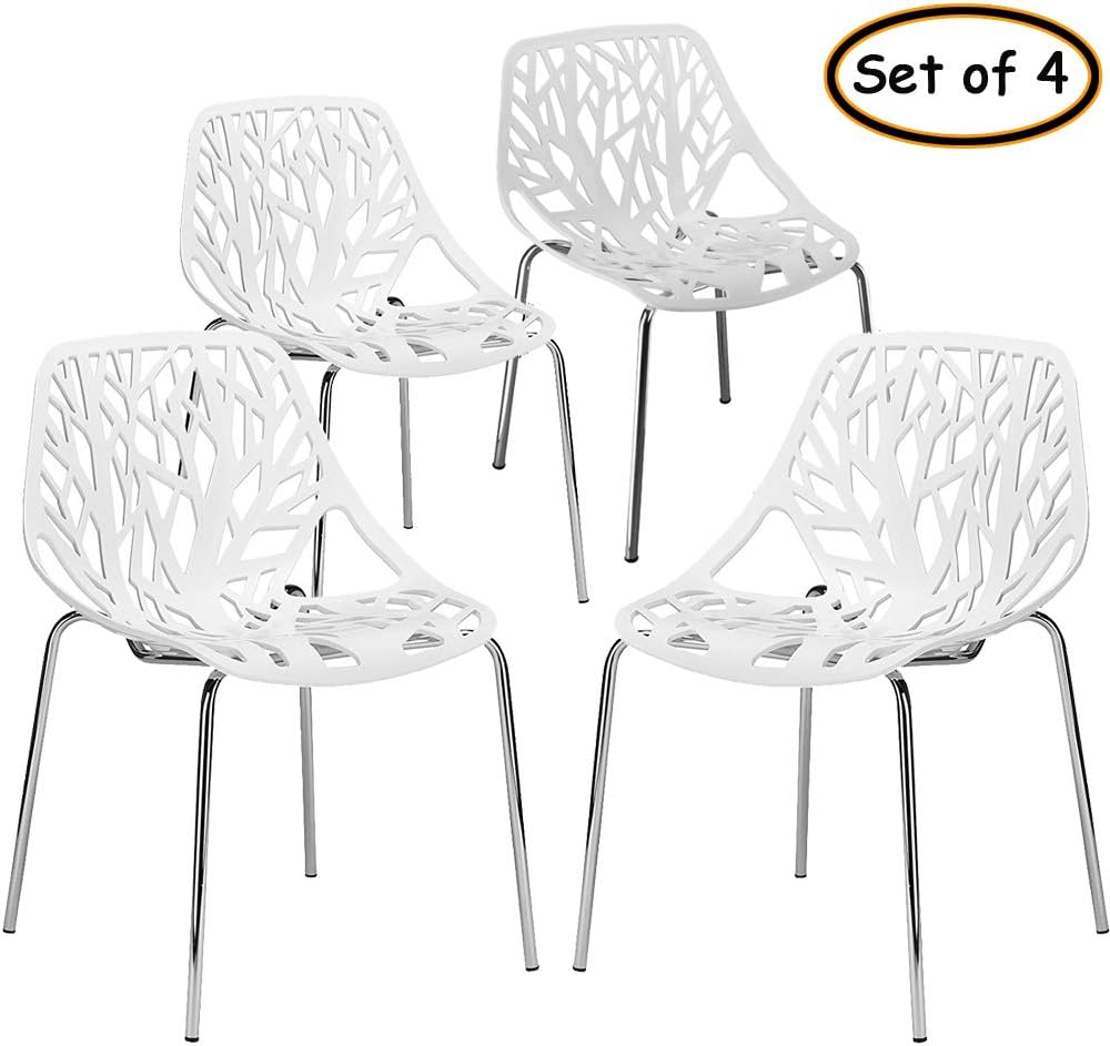 FCH Stackable Birch Sapling Chairs Set of 4 Modern Birds Nest Side Chairs 4pcs Kitchen Patio Dining Chair Armless Accent Chairs for Indoor&Outdoor (White)