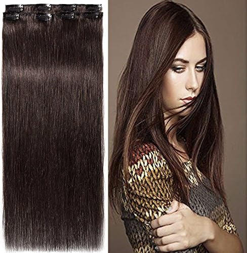 8"-10" Clip in Human Hair Extensions Double Drawn Thick to Ends 4 Pieces Half Head Real Remy Human Hair #2 Dark Brown