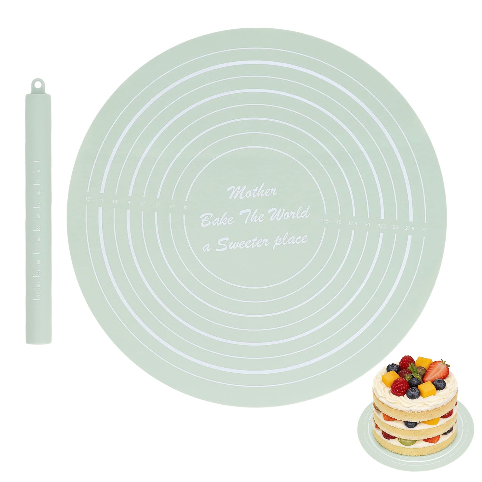 Silicone Baking Mat with Measurements for Cake Turntable Stand, Non-Stick Heat Resistant Pastry Baking Sheet Round Silicone Dough Mat with Rolling Pin Rolling Mat Pie Crust Mat for Baking