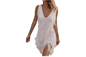 PETYCZEN Women's Tassel Dress Sexy V Neck Fringe Flapper Mini Dress Summer Elegant Club Cocktail Dresses for Evening Party