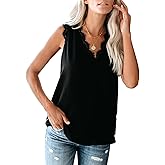 BLENCOT Women Tank Tops 2025 Summer V Neck Lace Trim Casual Sleeveless Dressy Blouse Shirts Black 4XL
