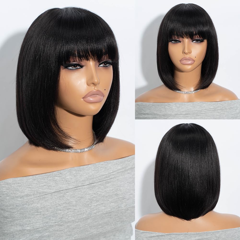 Joedir Bob Human Hair Wig with Bangs Short Bob Wigs for Women Brazilian Straight Bob Wig Human Hair Natural Black Glueless Wigs for Black Women 10 Inches