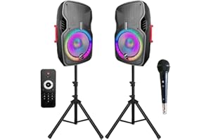 EXOTON EXOTON 12 inch Professional Dual Powered PA Speakers, 1000 Watts Active&Passive Loudspeakers, PA System Combo Set with Microphone/Tripods/Remote Control/Bluetooth/USB/LED Light, Indoor Outdoor
