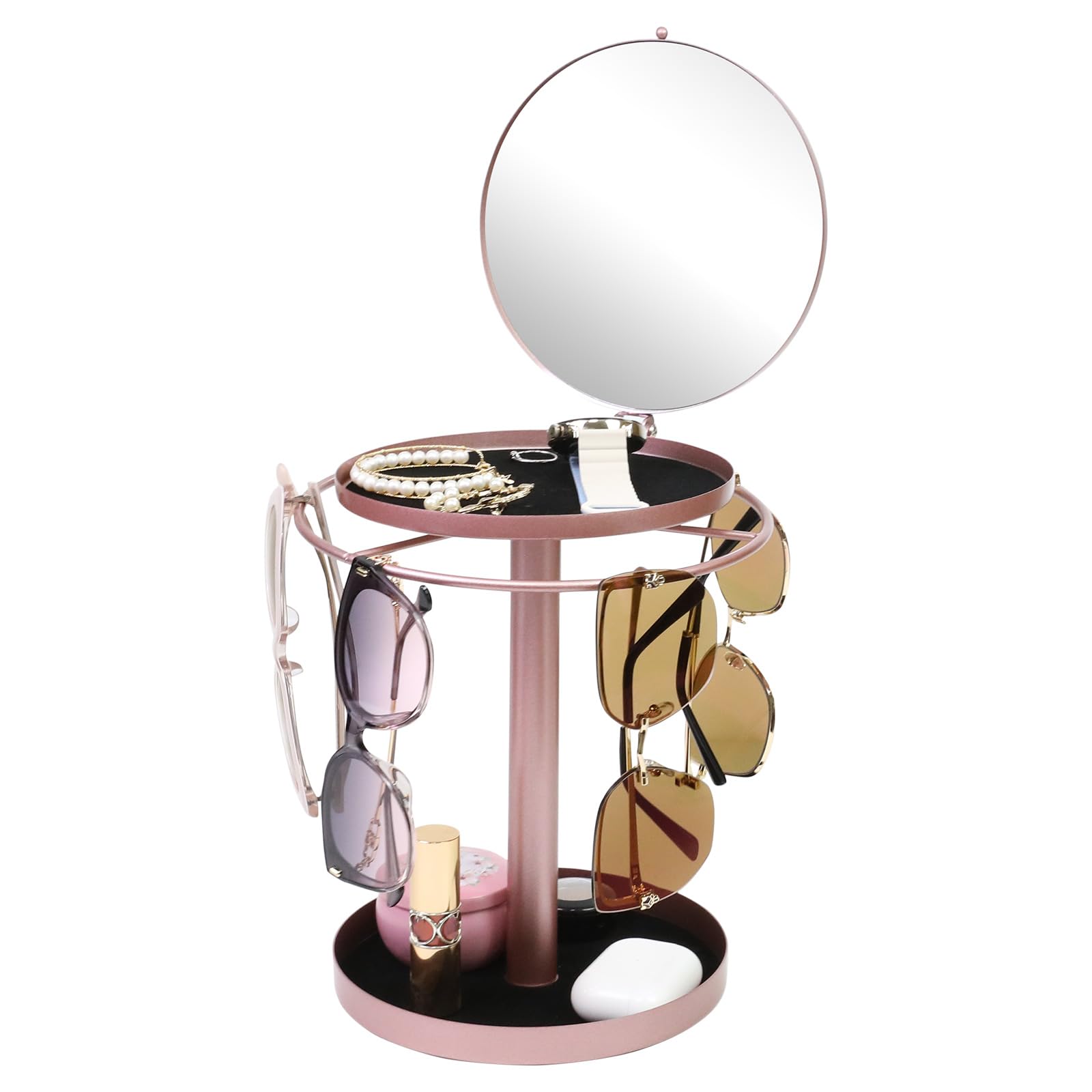 Photo 1 of 360° Rotating Sunglasses Organizer With Mirror, Metal Glasses Holder Stand, Sunglass Storage Display Eyewear Eyeglasses Rack with Tray for Desk Nightstand Dresser Table Countertop Bedroom, Rose Gold