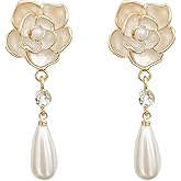 Peasimy Vintage Rhinestone Pearl Camellia Stud Earrings for Women Floral Drop Dangle Earrings Sparkling Crystal Bridal Wedding Party Jewelry