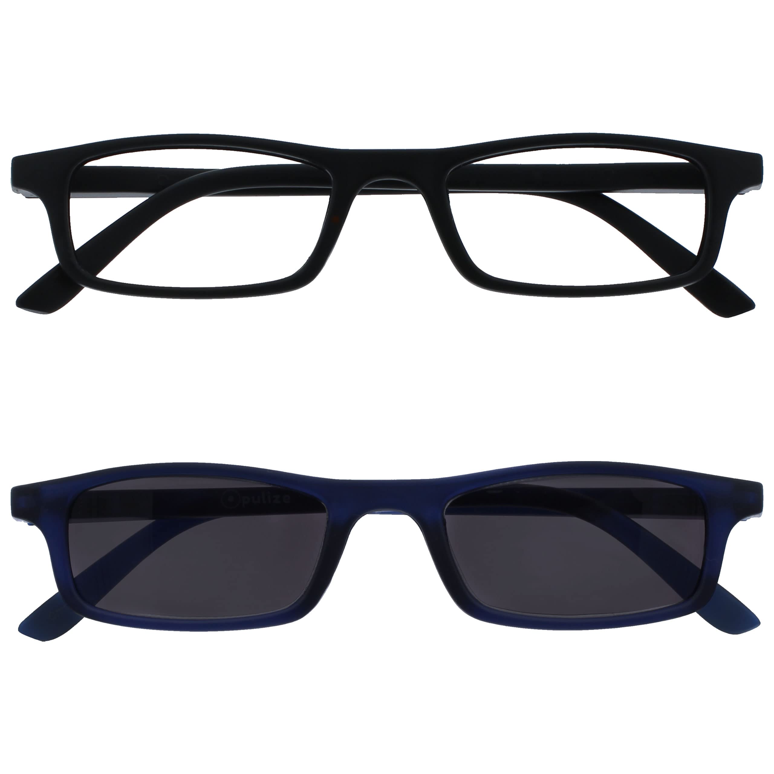 OPULIZE Ted Reading and Sun Reading Glasses with UV400 Narrow Frame in Matt Black Reader & Navy Blue Sunreader Spring Hinges Mens Womens RS17-13 +1.50