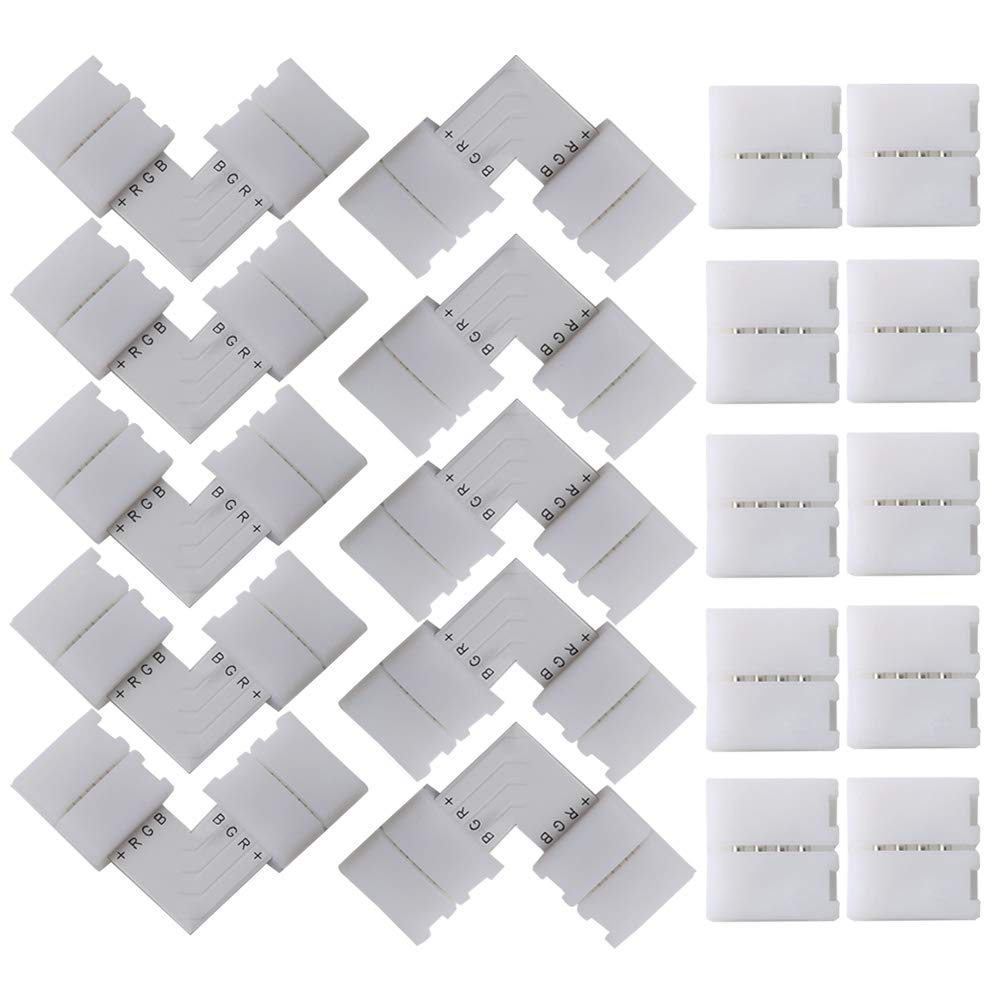 QitinDasen 20Pcs Professional 4 Pins LED Strip Light Connector: 10Pcs L-Shape Connectors and 10Pcs Gapless Connectors. 10mm Non-Waterproof Snap Down Connector, Solderless LED Strip to Strip Adapter