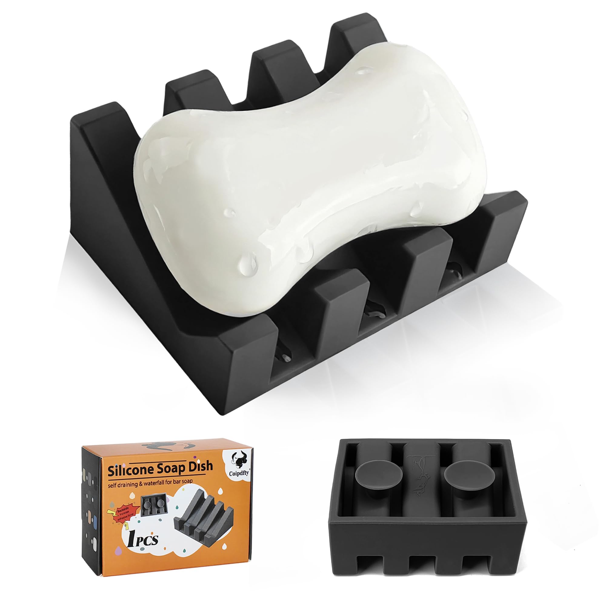 Coipdfty Soap Dish Holder for Shower with Suction Cup, Silicone Soap Holder & Saver Self-Draining Bar Soap Dish Keeps Soap Dry for Bathroom, Kitchen, Bathtub, Extends Soap Life (Black-1Pack)