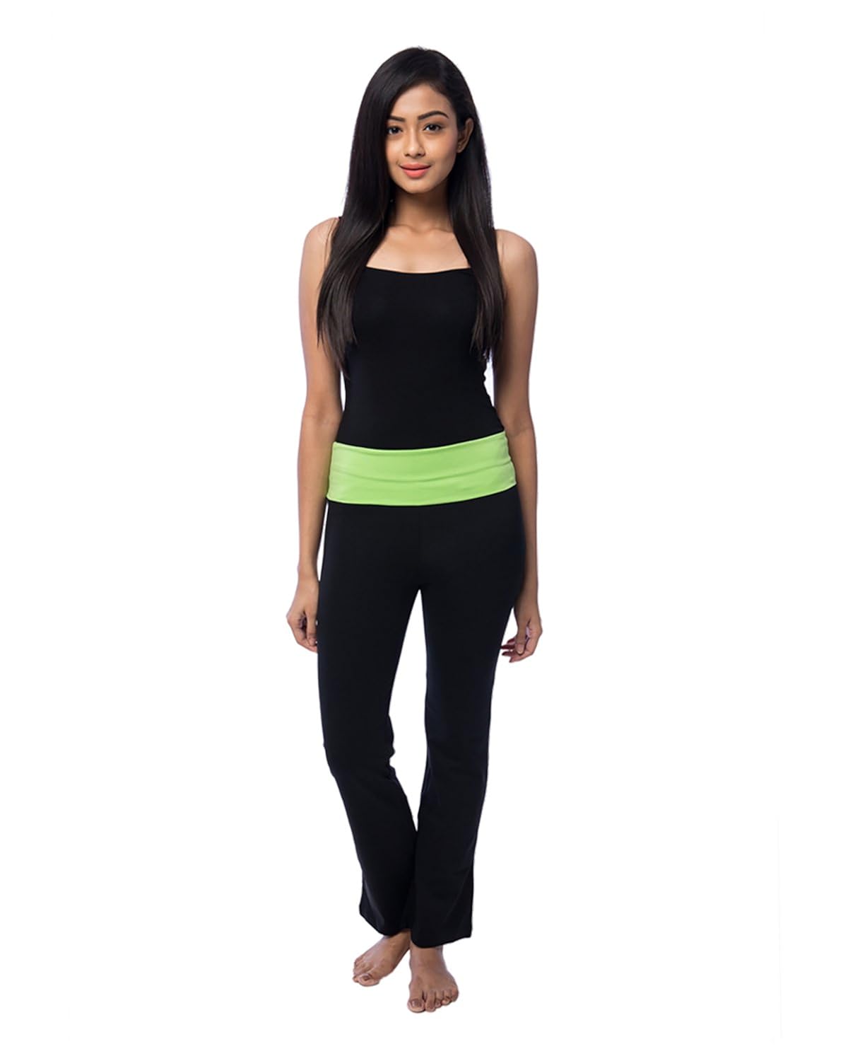 nite flite women's black foldover yoga pants green waistband