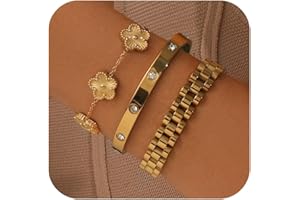 YOQ Stackable Four Leaf Clover Bracelets for Women, 18K Gold Plated Love Bangle Bracelets Set, 3 Pcs Charm Jewelry Gifts