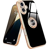 Urarssa for iPhone 16 Case with Stand 360° Rotatable Ring Holder [Magnetic Kickstand] Luxury Gold Plating for Women Men Soft TPU Shockproof Protective Phone Case for iPhone 16, Black