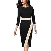 VFSHOW Womens Pleated Crew Neck Front Slit Work Business Office Bodycon Sheath Pencil Dress