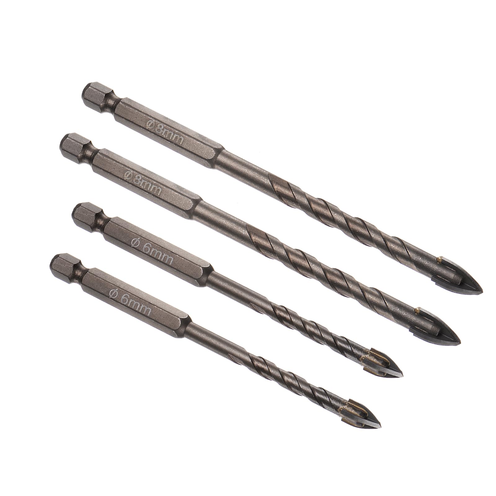 Kozelo 4pcs Masonry Drill Bit Set - [ 6mm to 8mm ] Concrete Drill Bit Set for Brick/Glass/Plastic/Ceramic Tile Use, 1/4" Hex Shank, Carbide