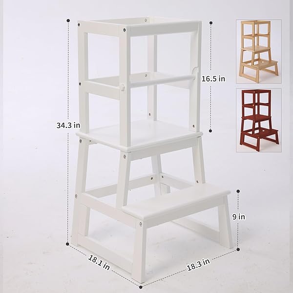 KITCHEN STEP STOOL FOR KIDS WITH SAFETY RAIL,TODDLER STANDING TOWER FOR KITCHEN COUNTER, BABY MONTESSORI STOOL,SOLID WOOD CONSTRUCTION,NATURAL