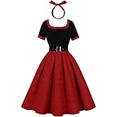 ODIZLI 1950s Retro Vintage Dress with Pockets for Women Short Sleeve Polka Dot Belted Swing Dress and Headband
