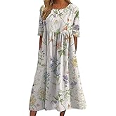 Women's Boho Floral Short Sleeve Midi Dresses Summer Casual Flowy Loose Beach Vacation Tshirt Dress with Pockets